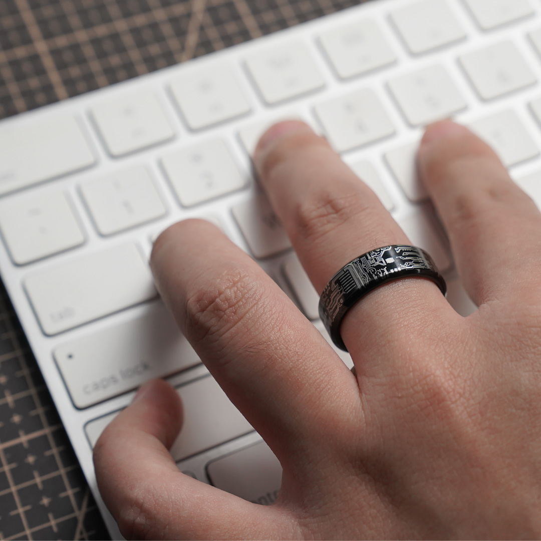 Black Circuit Board Ring, 8mm Titanium Band, Computer Gamer Geek Wedding Anniversary Gift Band Ring